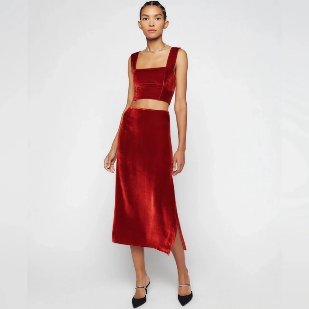 Reformation Copper Velvet Midi Skirt with Side Slit